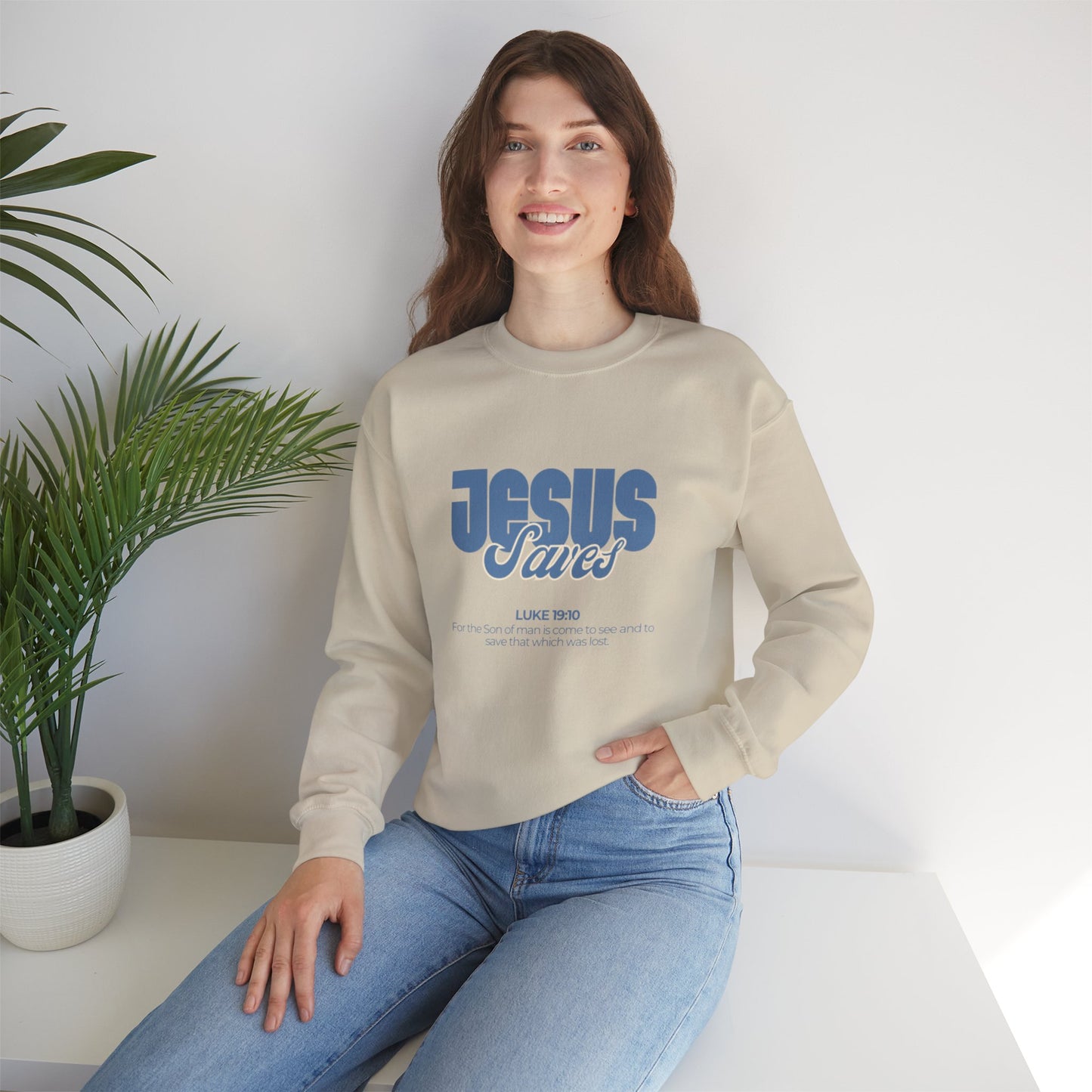 Christian Crewneck Sweatshirt — "Jesus Saves" Luke 19:10